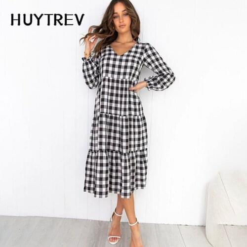 2021 Autumn Plaid Long Dress Women Ruffle Vintage Female Long Sleeve Round Collar Casual Loose Waist Pullover Woman midi Dresses