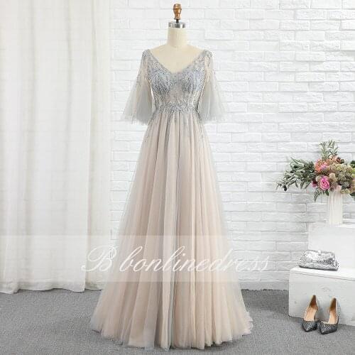 Bbonlinedress Elegant Evening Dress Crystal Beading V Neck Short Sleeve Transparent Long Formal Party Gowns robe de soiree