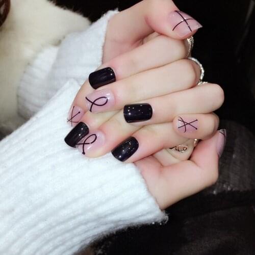 24pcs Shiny Black and Transparent Pink False Nails Tip Acrylic Short Square Head Fake Nail unhas for Daily Z354