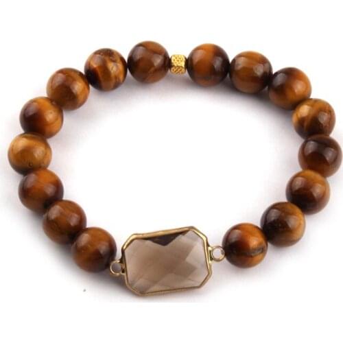 Free Shipping New Arrival Energy Bracelets Beautiful Tiger Eye Stone With Brown Rectangle Crystal Link Bracelet