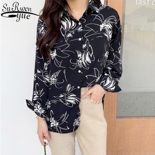 Summer Womens Tops and Blouses Loose Long Sleeve Chiffon Blouse Vintage Korean Top Print Woman Shirt Office Lady Clothing 9195