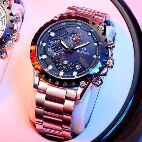 WISHDOIT Mens Watch Top Brand Luxury Stainless Steel Luminous Waterproof Quartz Watch Mens Fashion Chronograph Sports Watch
