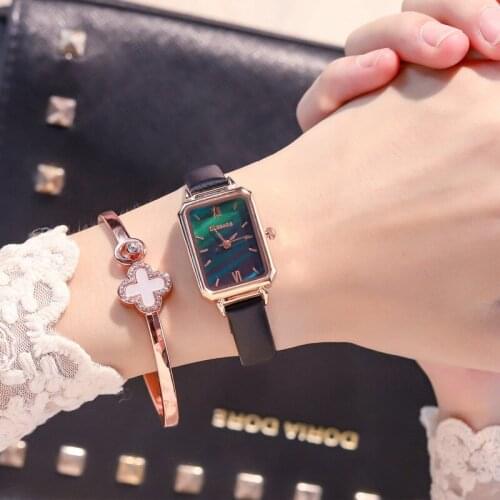 Pop Vogue Luxury Small Rectangle Women Watches Simple Qualities Ladies Quartz Wristwatches Green Watch Woman Leather Clock