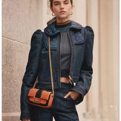 Italy Chic Original Denim Puffy Sleeve Cotton Cropped Jacket Cute Babydoll Collar Bright Stitched Tailored Zip-Up Jean Outerwear