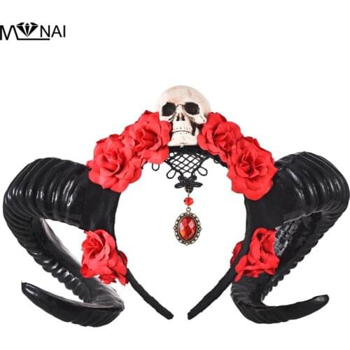 Gothic Horn Headband Lolita Devil Floral Horns Headpieces Halloween Skull Veil Headdress Cosplay Flowers Hair Accessories Punk