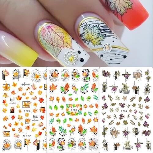 Maple Leaves Autumn Nail Sticker 3D Gold Yellow Fall Leaf Design Art Deco DIY Adhesive Flower Slider Nail Accessories NLF782-791