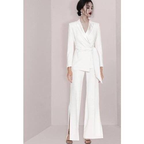 Runway 2 Piece Set OL Office Work Wear Ladies Spring Women Notched Blazers coat + Fashion split Pants Set Suit