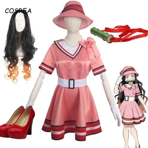 Anime Demon Slayer Kamado Nezuko Cosplay Costumes Pink Dress Womens Clothing Accessories Full Set Halloween Carnival Party