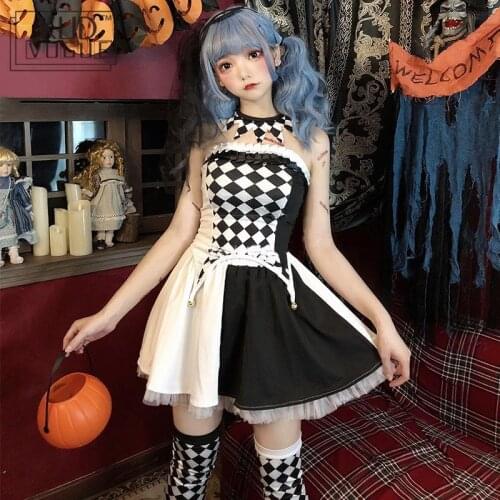 New Sexy Gothic Halloween Strapless Dresses Circus Performance Clothing Clown Costume Black And White Grid Cosplay Costumes Set