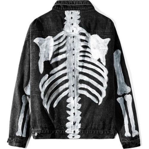 LACIBLE Hand-painted Skeleton Mens Denim Jackets Harajuku Hip Hop Coats Fashion Casual Male Long Sleeve Outwear Streetwear
