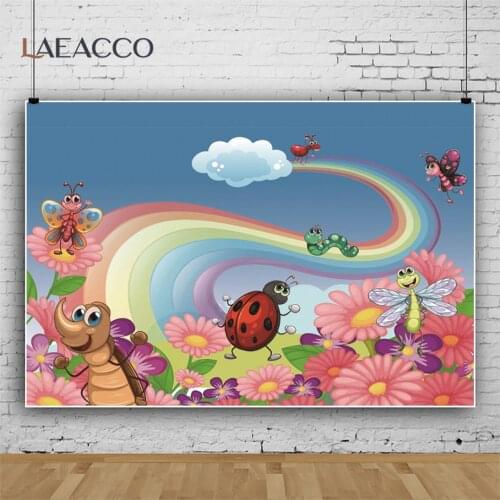 Laeacco Baby Shower Cartoon Rainbow Insect Flowers Photo Background Birthday Party Customized Portrait Photography Backdrops