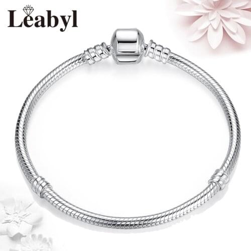 Leabyl Silver Color Basic Bangles fit Original Charm Bead Classic Round Clasp Bangle for DIY Jewelry Accessories