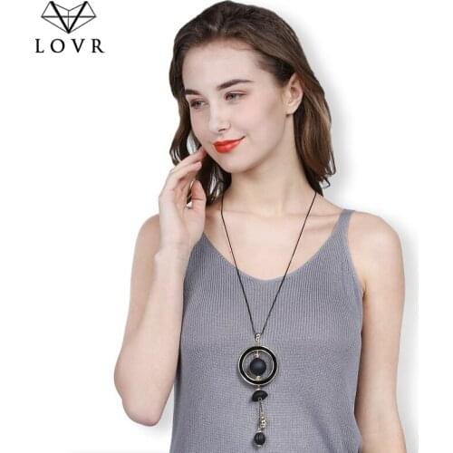 LOVR Vintage Ethnic Black Long Rope Necklace for Women Big Gold Fashion Temperament Round Pendant Necklace 2019 Jewelry