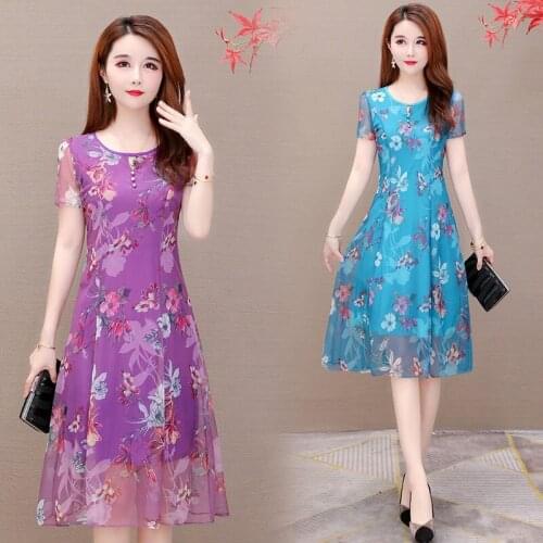 Plus Size Fashion Summer Chiffon Floral Short Sleeve knee-length A-line Women Party Dress Office Lady Vestidos Robe 2343