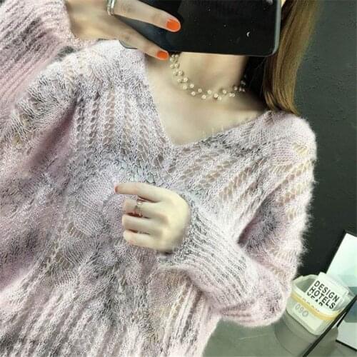 Fashion hollow out sweater women spring thin knitted jumper V-neck bat sleeve sexy tops Korean loose hook flower sweaters 3224