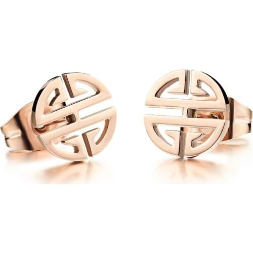 Original Design Chinese National Titanium Steel Auspicious Longevity Earrings Rose Gold Ethnic Jewelry For Women E19169