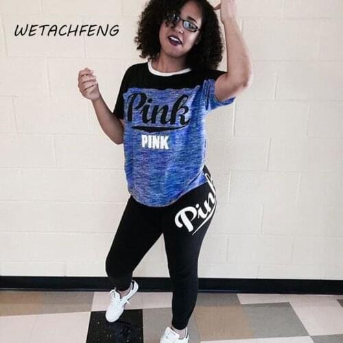 Letter Pink Printed Tracksuits Women Summer Tops T Shirts And Pants Two Piece Sets Leggings Outfits Plus Size Sportswear Clothes