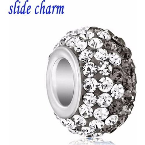 Slide charm Free shipping Valentines Day vignettes gray clay crystal white and gray small floral charm fit Pandora bracelet