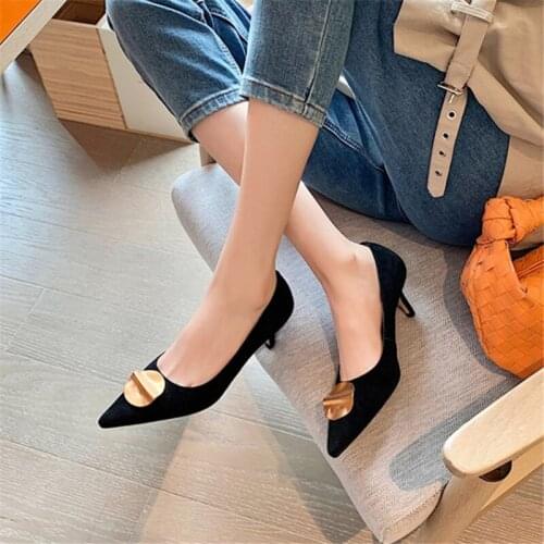 PXELENA Luxury Lady Real Genuine Leather Shoes Metal Decor Kitten High Heels Pumps for Women Pointed Toe Slip On Party Office OL