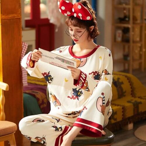 Spring And Autumn Cotton Women Cartoon Round Neck Long Sleeve Household Plus Sizes Girl Pajamas Suits