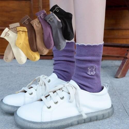 Japanese Korea High School Girls High Socks Loose cute and Fashionable Embroidered dog Knitting Cotton Long Socks Women