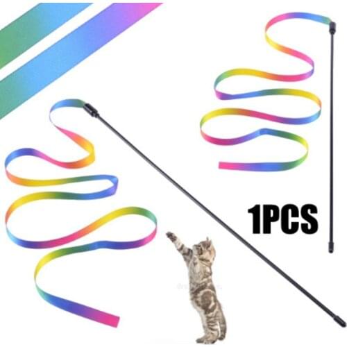 Funny Cat Stick Pet Toy Rainbow Ribbon Colth DIY Thin Colorful Fishing Rod Teaser Pole Cat Toys Interactive Stick Cat Supplies