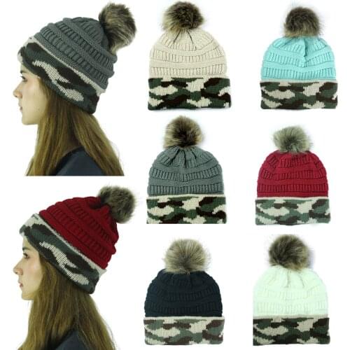 HanXi Female Pompom Beanie Winter Knit Hat For Women Crochet Skullies Warm Camouflage Ski Cap