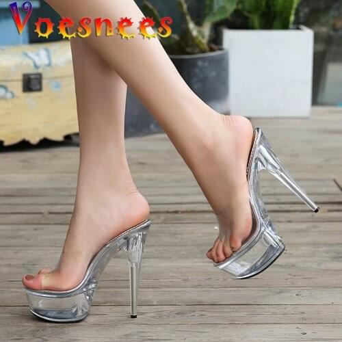 Voesnees Women Slipper Summer High Female Shoes Stilettos High heels 15 cm Platform Sexy Sandals Crystal Sandals Party Shoes