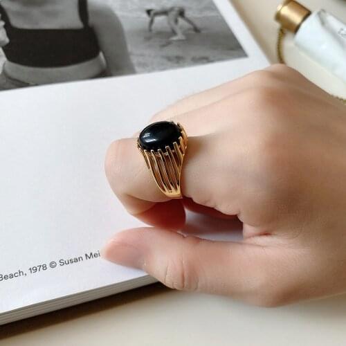 SHANICE Celi French style Korean jewelry 925 sterling silver open ring personality trendy jewelry fashion black agate ring