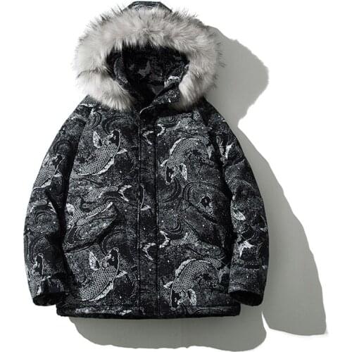 Winter Jacket Chinese Style Retro Ethnic Style Carp Print Cotton Coat Thick Hooded Fur Collar Loose Warm Cotton Jacket