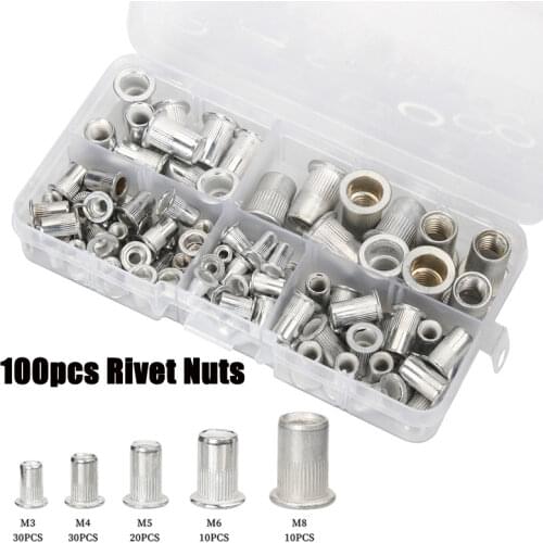 100PCS Aluminum M3 M4 M5 M6 M8 Rivet NutsInsert Rivets Multi Size Flat Head Rivet Nuts Set