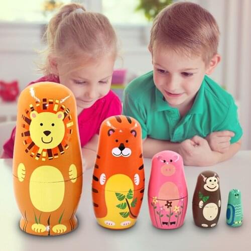 5pcs Cartoon Tiger Wooden Russian Matryoshka Dolls Nesting Kids Toy Craft