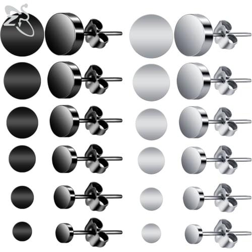 6pairs/lot Stainless Steel Round Ear Studs for Women Men Black Stud Earring for Girls Cartilage Helix Circle Earring Studs