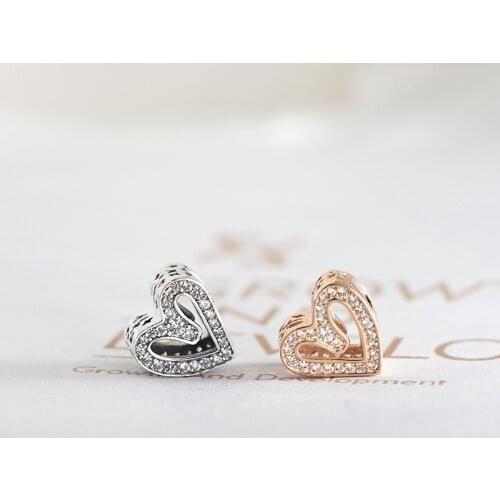 Authentic S925 Silver Charm Openwork Sparkling Hearts Bead fit Lady Bracelet Bangle DIY Jewelry Red Blue Enamel