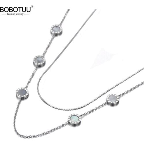 BOBOTUU Bohemia Titanium Stainless Steel Double-layer Chain Choker Necklace Roman Numerals Pendant Necklace For Women BN19207