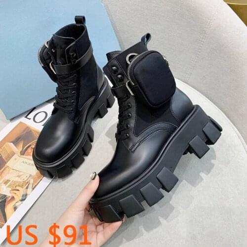 Designer Shoes Women Black Platform Motorcycle Boots Women Lace Up Chunky Heel Martin Boots Women Belt Buckle