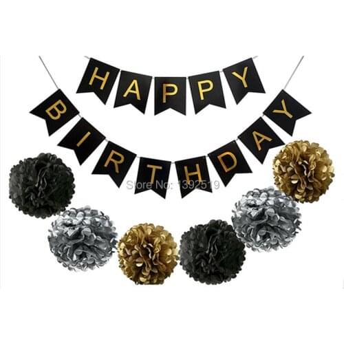 Black Gold Decoration Set Happy Birthday Banner Fluffy Pom Poms Best Party Supplies for Bday Boy Girl Theme Free Shipping