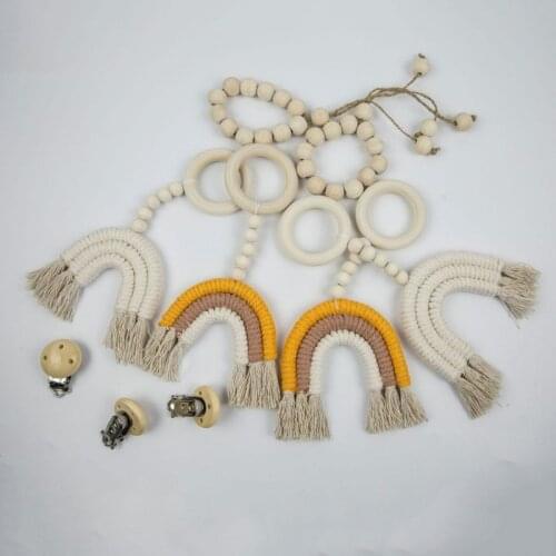 Wooden Teether Baby Teething Ring Nursing Beech Teether Baby Sensory Toy Hand-woven wooden rainbow Teether Baby Stroller Pendant