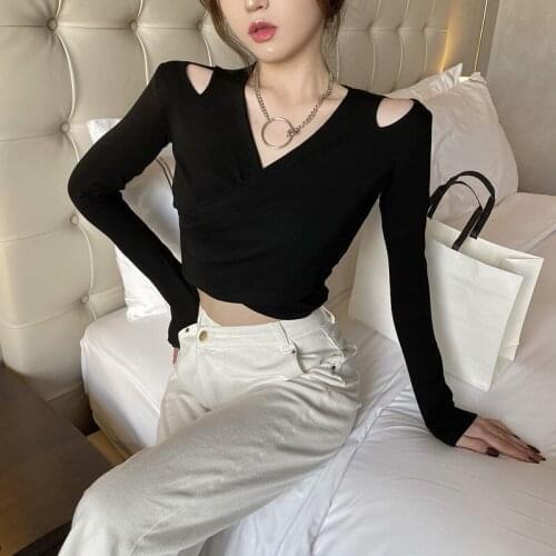 Design Feeling Exposed Navel Irregular T-shirts Long Sleeve Bottoming T Shirt Autumn Womens Tops And Blouses Women Clothing