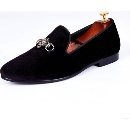 Harpelunde Dress Shoes Skull Buckle Wedding Shoes Black Velvet Loafer Slippers Size 6-14