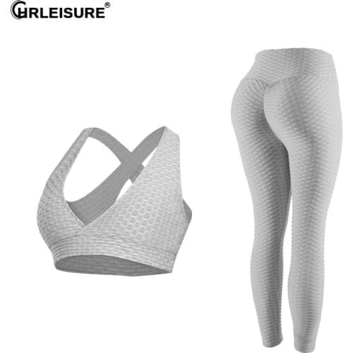 NORMOV Anti Cellulite 2/Pcs Women Seamless Yoga Set High Waist Gym Leggings Sexy Bra Push Up Workout Pants Elasticity Shockproof