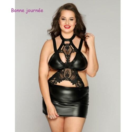 Plus Size Lingerie Black Corset Sexy Fat 2-piece Underwear European Clothing Faux Leather Erotic Porno Costumes for Women Adult