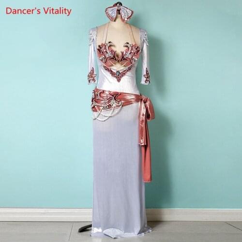 Belly Dance Suit Diamond-Studded Headwear+Bra+Belt+Robe 4-piece Set High-End Custom Adult Child Competition Performance Clothing