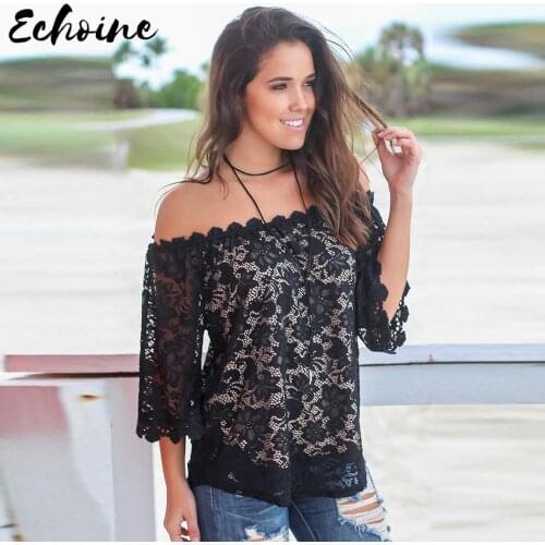 Echoine Summer Sexy Off Shoulder Half Sleeve Lace Top Sweet Sheer Mesh Slash Neck Chiffons Loose Blouse Fashion Casual Outfits