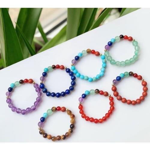Small Bead Rings Elastic Adjustable 7 Chakra Amethysts Pink Quartz Natural Stone Crystal Rings for Women Healing Jewelry Wedding