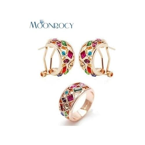MOONROCY Free Shipping fashion Cubic Zirconia Rose Gold Color Crystal Earrings and Ring Wedding Jewelry Set for women
