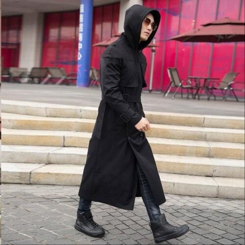 M-4xl Hooded Over The Knee Double-breasted Pullover Windbreaker Mens Long Trench Coat Handsome Collar Business Casual Jackets