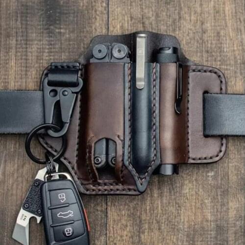 2021 New Men Multitool Leather Sheath Organizer Belt Waist Bag Edc Outdoor Storage Tool Flashlight Knife Pu Pocket For Storage