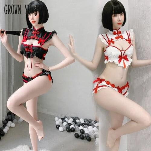 Open Bra Qipao Uniform Erotic Cosplay Sexy Costume Clothes for Sex Cheongsam Underwear Set Porno Roleplay Female Fetish Lingerie