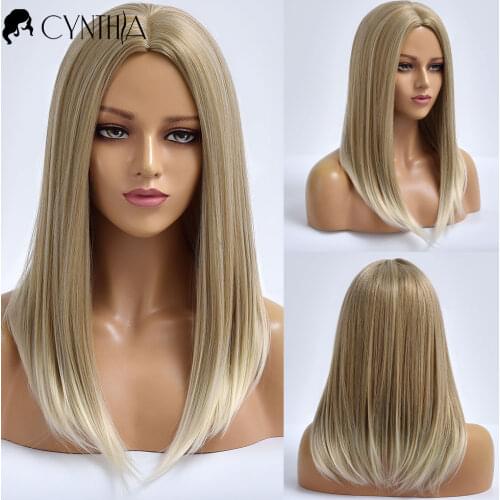 Medium Daily Blonde Synthetic Wigs for Women Natural Heat Resistant Straight Hair Female Fiber Cosplay Colored Wig